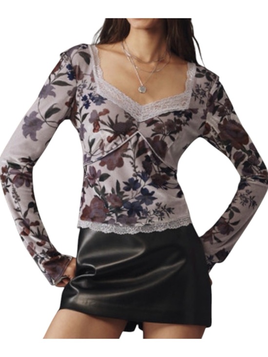 Anthropologie Tops - Anthropologie Floral Velvet Cropped Top Lace Trim Size Medium Fairy Romantic